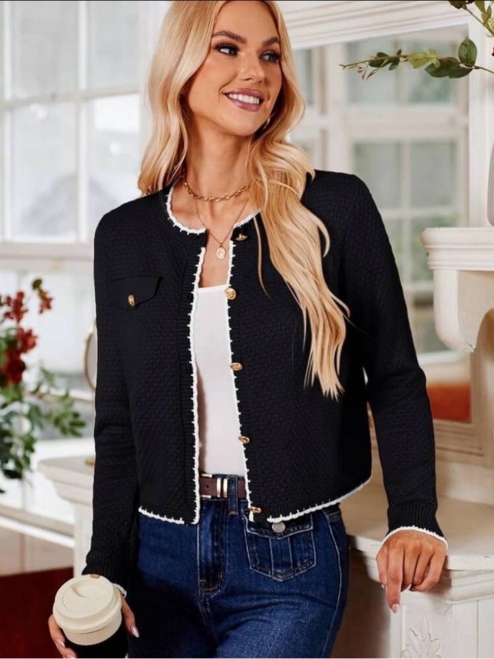 Grace Karin Black Sweater with White Edging and Gold Buttons